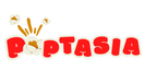 Red 'Poptasia' logo with cartoon characters on a white background