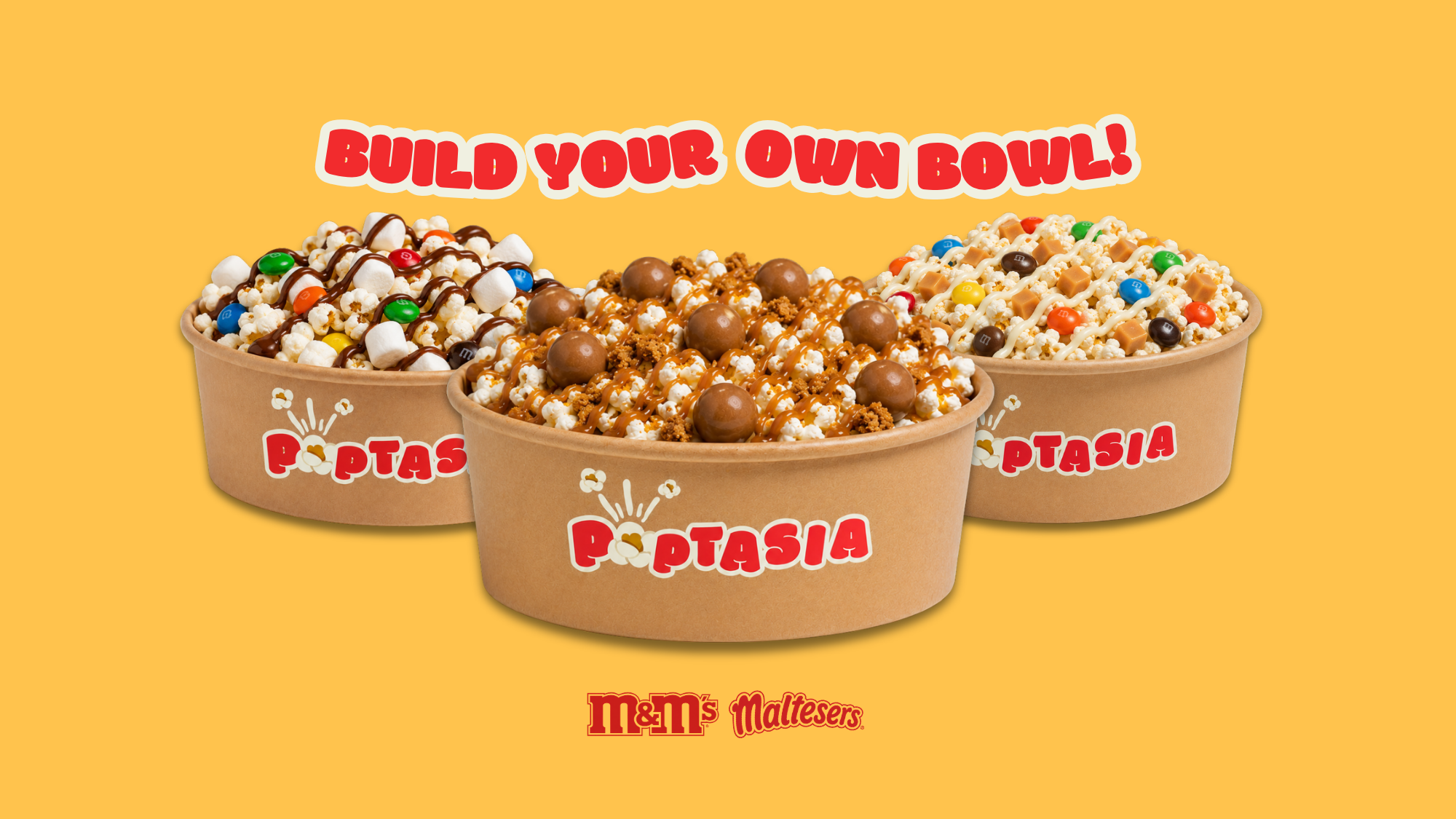 Three 'Poptasia' bowls with various toppings on a yellow background, featuring the Matt's Malt shop brand.
