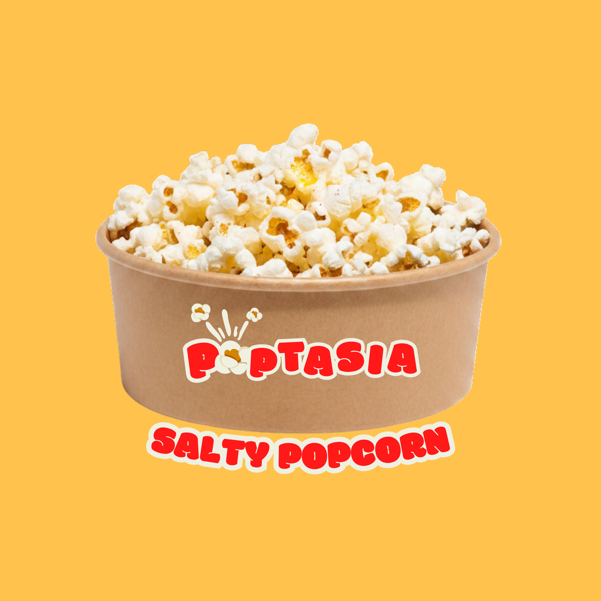 Popcorn in a brown container with 'Poptasia Salty Popcorn' text on a yellow background