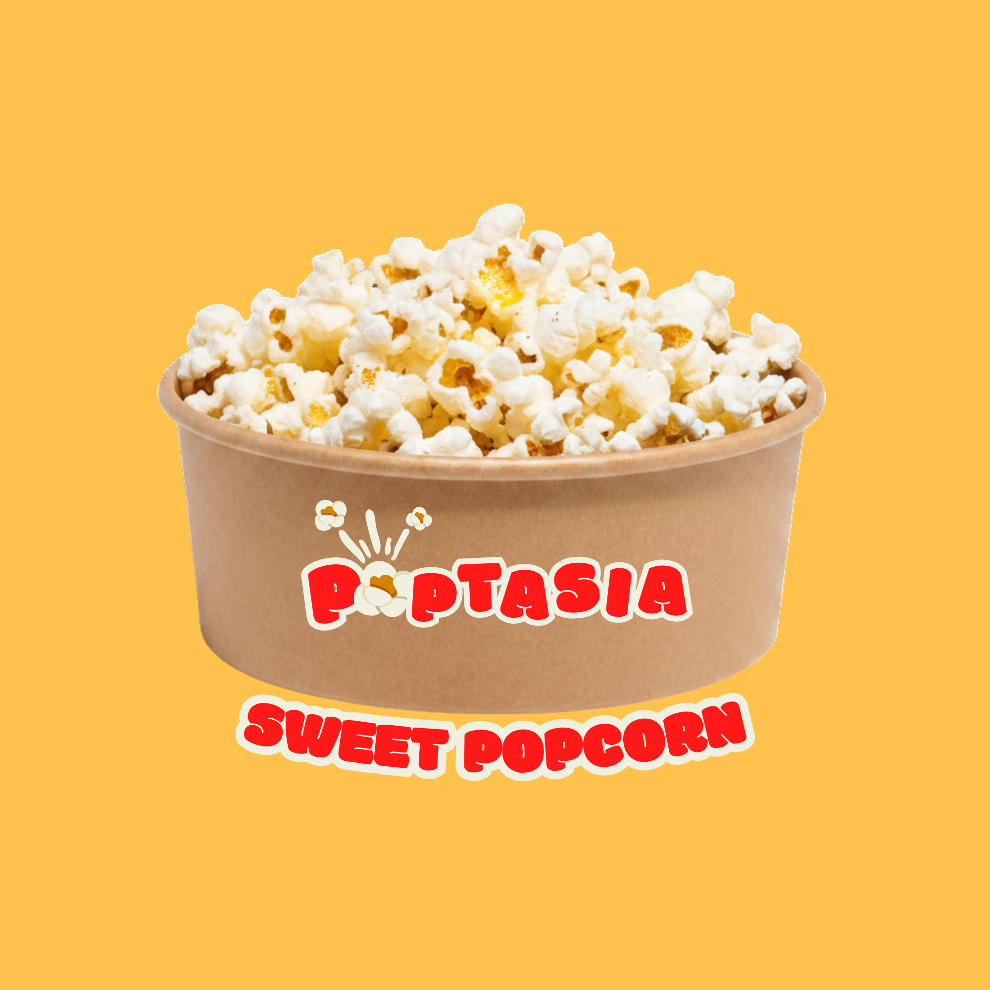 Popcorn in a brown container with 'Poptasia Sweet Popcorn' branding on a yellow background